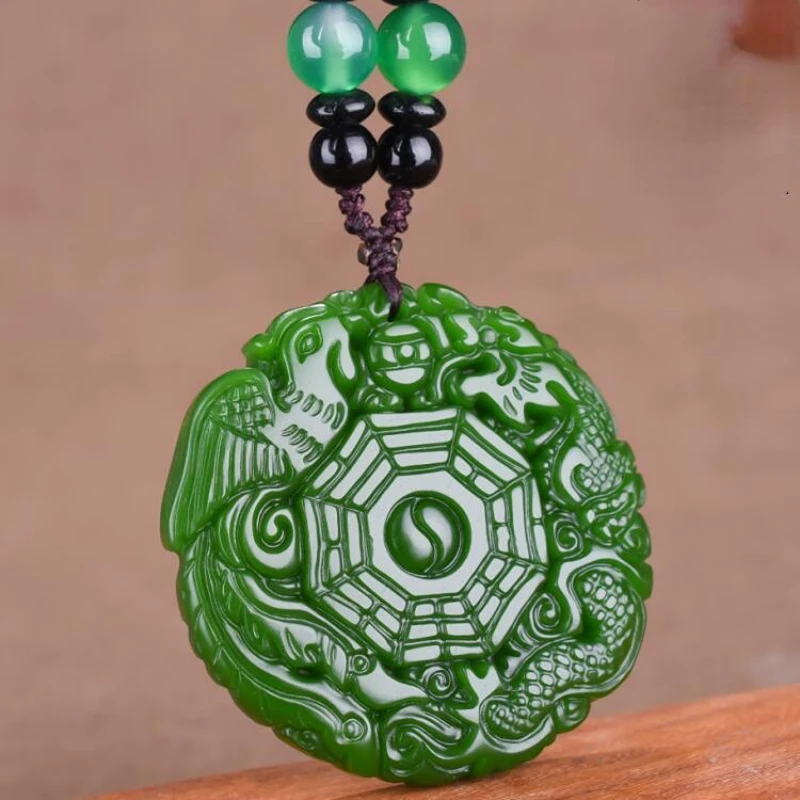 1pc Outer Mongolian Jade Eight Diagrams Dragon And Phoenix With Jade Pendant Green Jade Pendant Men's And Women's Pendant