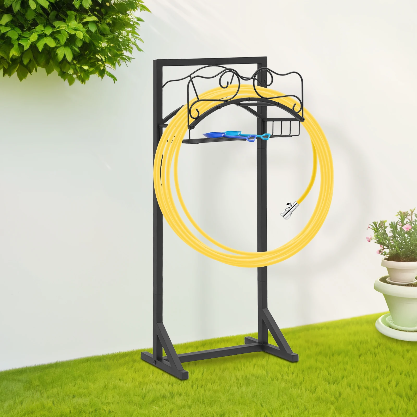 Robuster Gartenschlauchhalter aus Eisen mit Werkzeugablage, 50 Pfund Tragfähigkeit, rostbeständiger pulverbeschichteter Ständer, mobiler Wasserschlauchständer mit Rädern und Mehrzweck-Ablage für Rasen, Terrasse, Hinterhof. – Detail 3