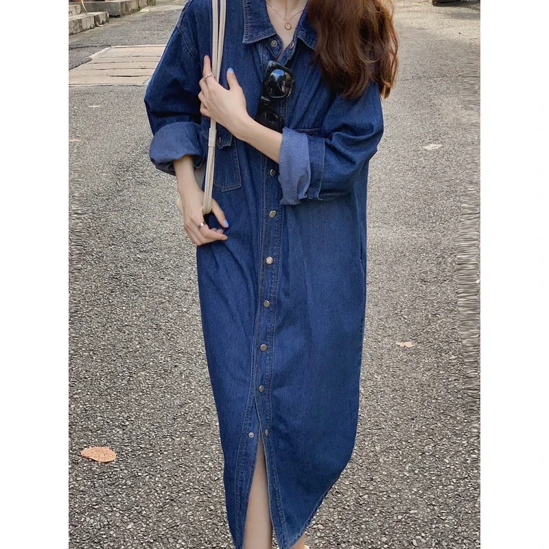 Shirt Dress Women Casual Long-sleeved Blue Denim Dress Pocket Elegant Denim Fashion Slim Denim Dress 2023 New Autumn and Winter