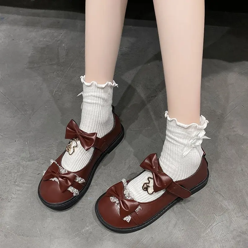 Lady Sweet Lace Bowknot Shoes Fashion Designer Kawaii Lolita Mary Jane Flats Women 2022 Spring Leather Platform White Loafers