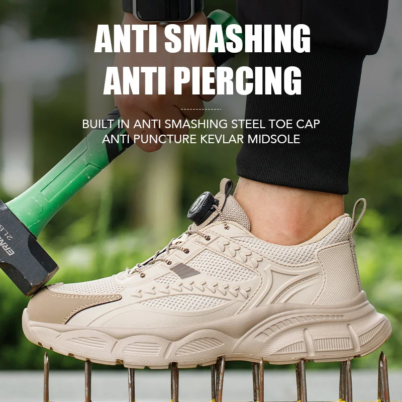 

Рабочие кроссовки с вращающейся кнопкой и стальным носком для мужчин, модные неразрушимые нескользящие защитные ботинки, размеры 36-48
