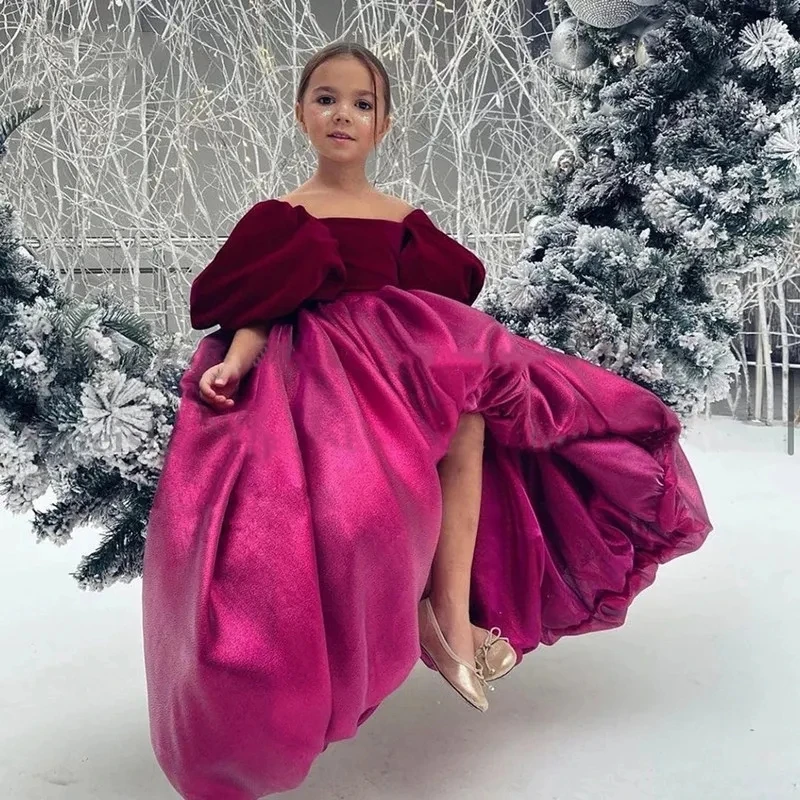 Vestido De princesa con flores para niña, vestidos De fiesta De boda, mangas abullonadas De terciopelo, bata De matrimonio alta y baja, banquete especial nuevo