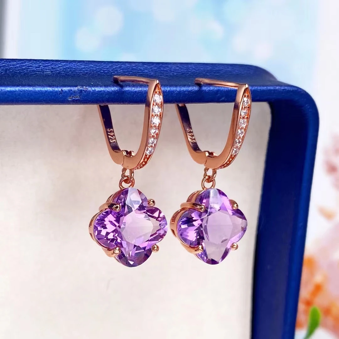 18K Rose Gold Natural Clover Shape Amethyst Zircons Ear Hook Dangle Earring Amethyst 925 Silver Rhinestone Topaz Clover Jewelry