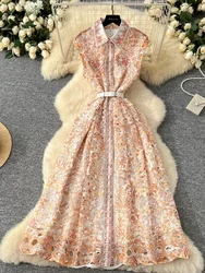 Spring France Elegant Vintage Luxury Evening Dress Women Print Sashes Button Long Party Dress Female Casual Holiday Clothing New
