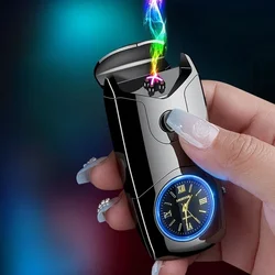 Metal True Watch Windproof Dual Arc Charging Lighter Color Light dial Type-C Fast Charging USB Electric Lighters Smoking Gadgets