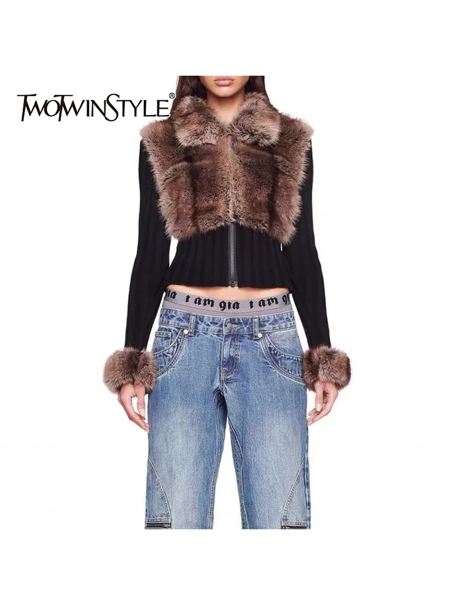 

TWOTWINSTYLE элегантные кардиганы из сращенного меха для похудения для женщин, темпераментный кардиган с лацканами и длинными рукавами, женская модная одежда