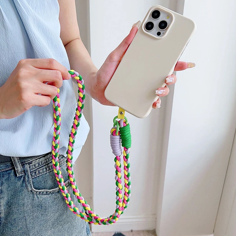 Colorful Braid Phone Charm Cellphone Lanyard Cord With Adapter Tab Mobile Long Solid Cordon