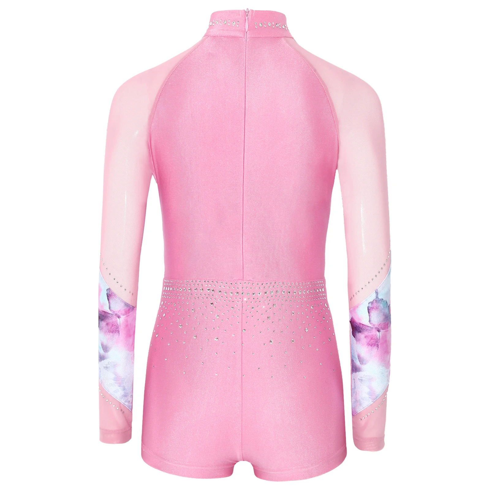 Kids Girls Ballet Jazz Dance Leotards Shiny Rhinestones Rhythmic Gymnastics Jumpsuit Long Sleeve Mesh Sequins Tumbling Outfits