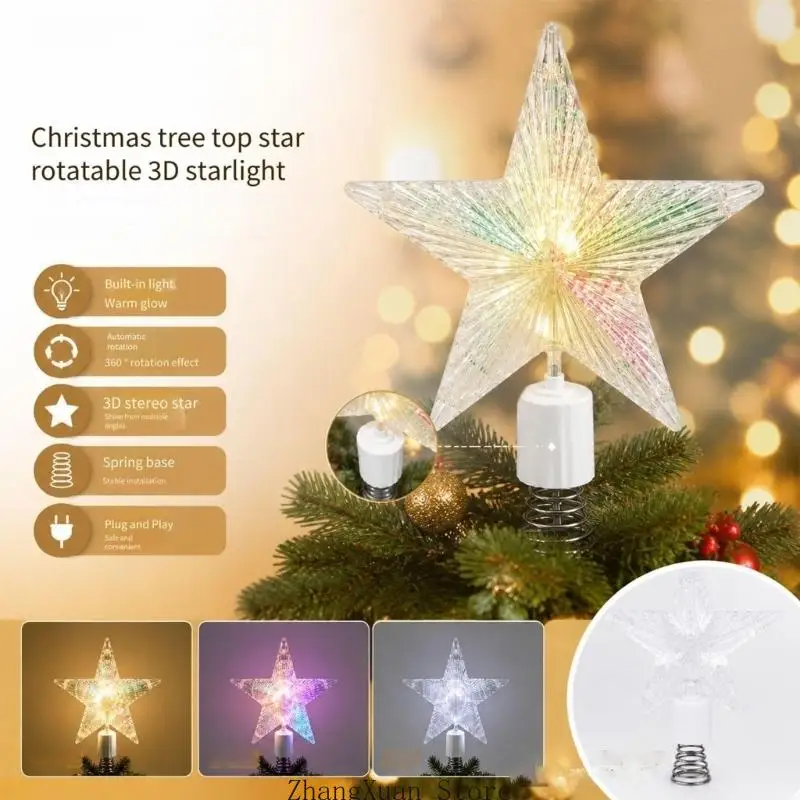 Christmas Tree Star, Lighted Moving Holiday Display Piece with Clear Faceted Plastic and Metal Form for Home Party Retail
