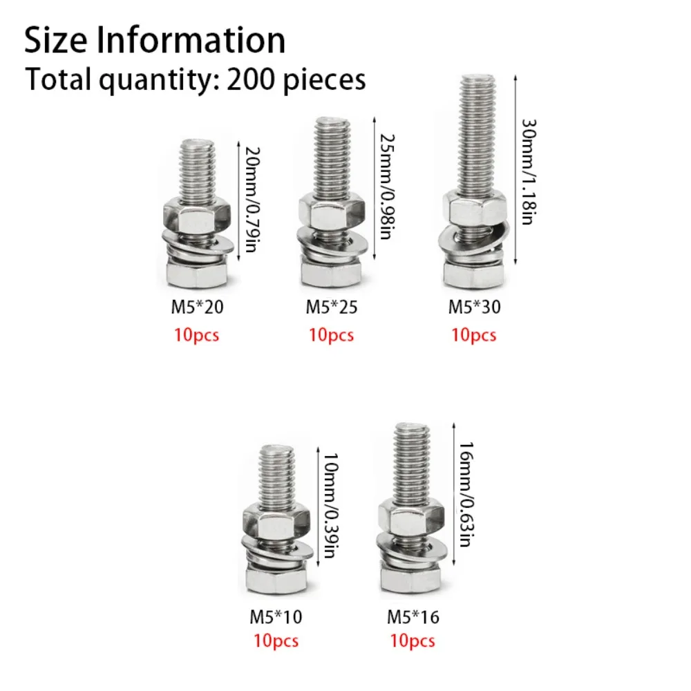 Set of 200pcs M5 Stainless Steel Hex Bolts, Nuts, Spring Washers and Flat Washers, Lengths: 10mm, 16mm, 20mm, 25mm, 30mm