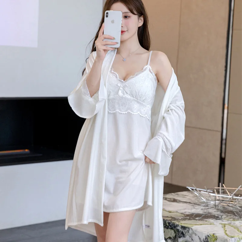 Pajamas Velvet Female Long-sleeved Set Of Fall and Winter Models Sexy V-neck With Cushion Sling Robe Thickened Home Clothing