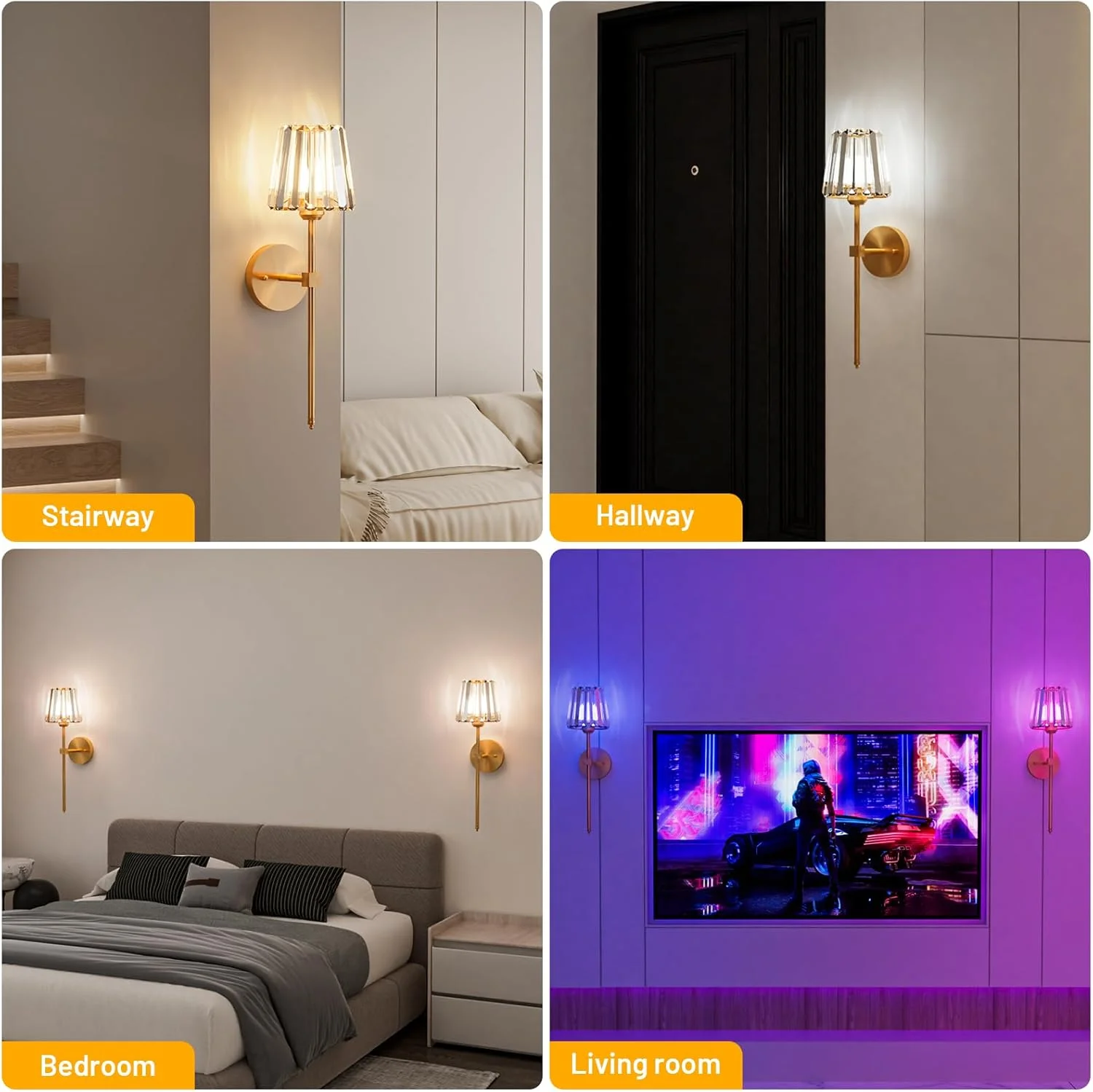 Battery Operated Wall Sconces Set of 1,Gold Rechargeable Wall Sconce Light with Crystal Lampshade,12 RGB Dimmable Wall Lamp