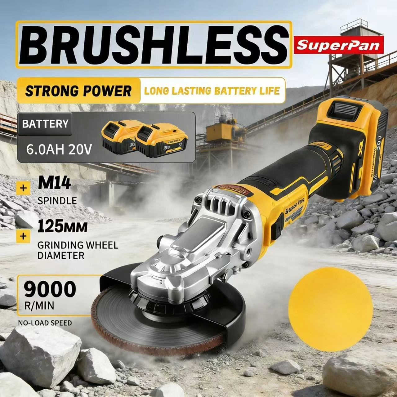 

SuperPan SP405 Brushless Angle Grinder 680W 6.0Ah Safety Brake for Stone Processing Metal Deburring for dewalt 20V battery pin