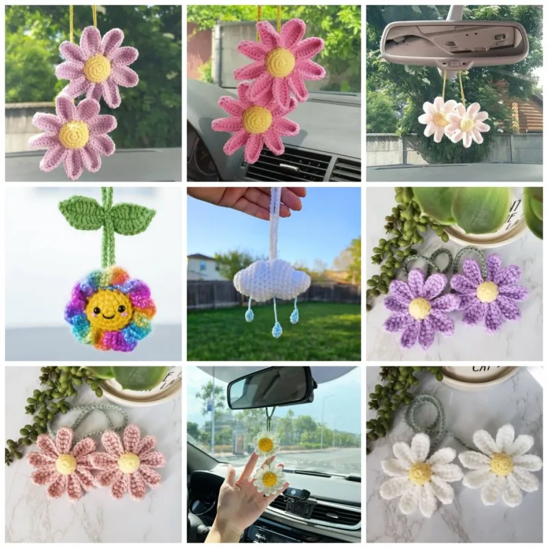 Car Hanging Ornaments for Women girls Woven Flowers Pendant Hand Knitted Car Charms Home Decor for children Gifts