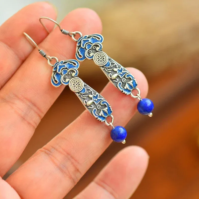 National Style Red Agate Earings 925 Silver Blue Retro Ruyi Lapis Lazuli Earrings for Women Exquisite Banquet Jewelry