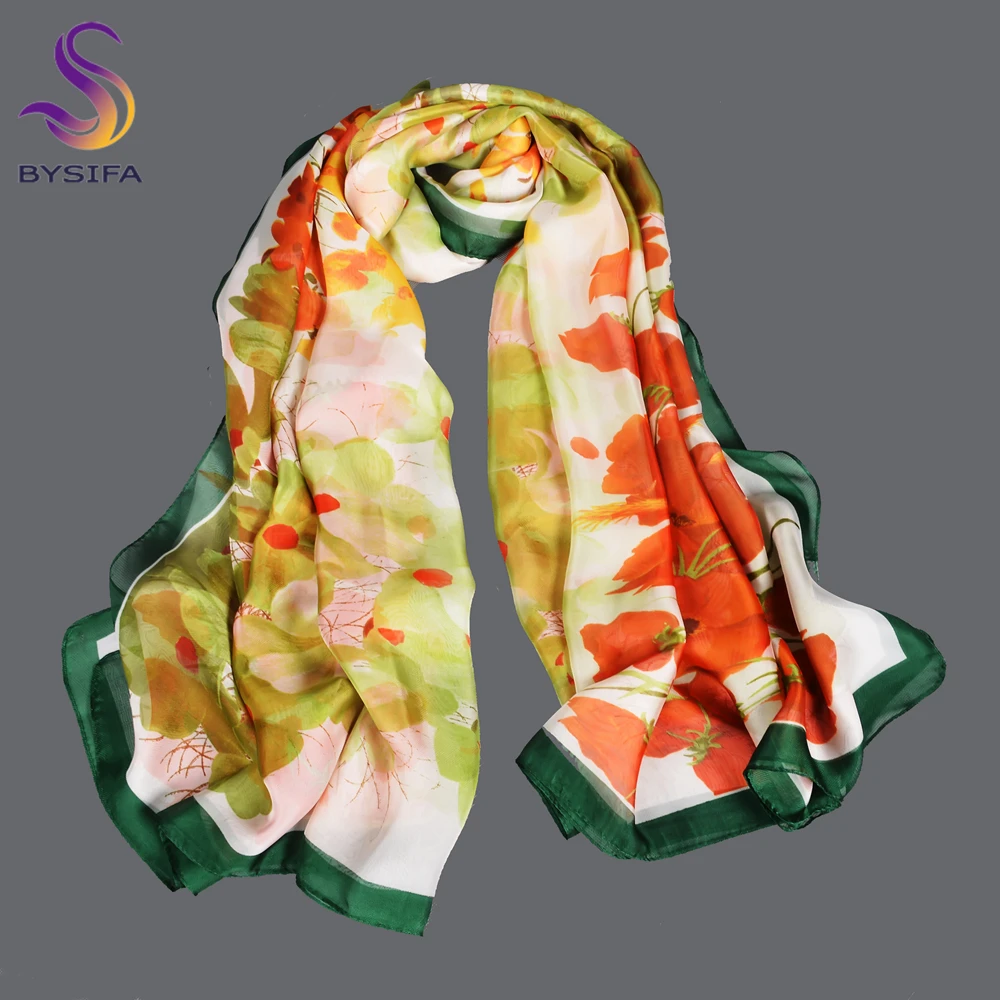 [BYSIFA] Fall Winter New Female Scaves Shawls Fashion Summer Beach Shawl Spring Fall Long Silk Scarf Wrap Green Orange 180*140cm