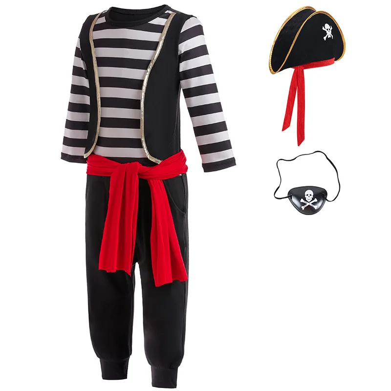 Caribbean Pirate Jack sparrow Costume Children Boy Top Pants Unfirom Cosplay Set Halloween Birthday Carnival Party Clothes