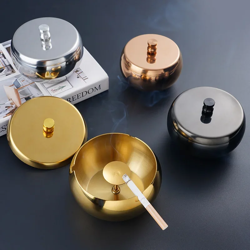 Gold Plated Desktop Ashtray with Lid Stainless Steel Smokelessl Ashtray European Office Ash Tray Smoking Accessories