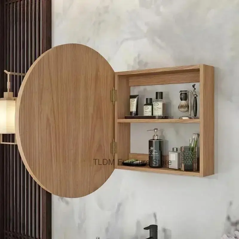 Japanese Bathroom Round Mirror Cabinets Solid Wood Simple Nordic Bathroom Cabinet Wall-mounted Mirror Box with Storage Rack h