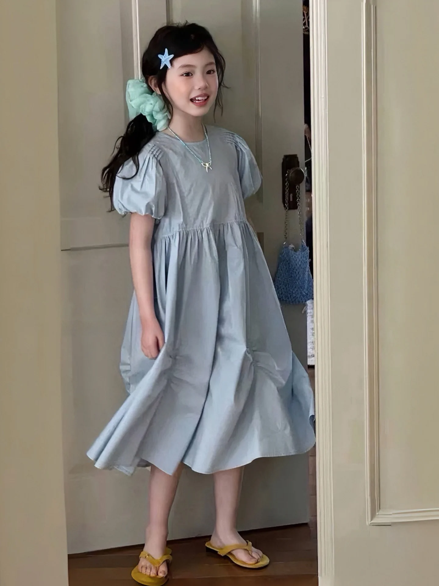 vestito-da-bambina-stile-coreano-dolce-blu-con-maniche-a-sbuffo-vita-cinata-linea-ad-a-lungo-estivo-nuovo-arrivo-abbigliamento-per-bambini