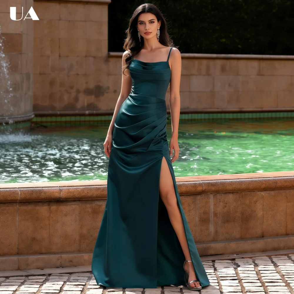 

ULBYANRY Customized Satin Straight Prom Dress with Spaghetti Strap, Sexy High-slit Evening Dress, Fashionable Draped Party Dress