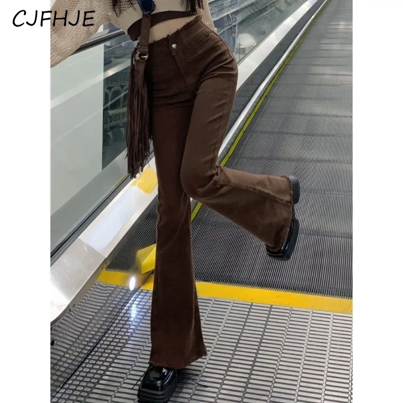 

CJFHJE Brown Vintage Sweet Flare Pants Women High Waist Korean Fashion Jeans Female Holiday Pockets Causal Designer Long Pants