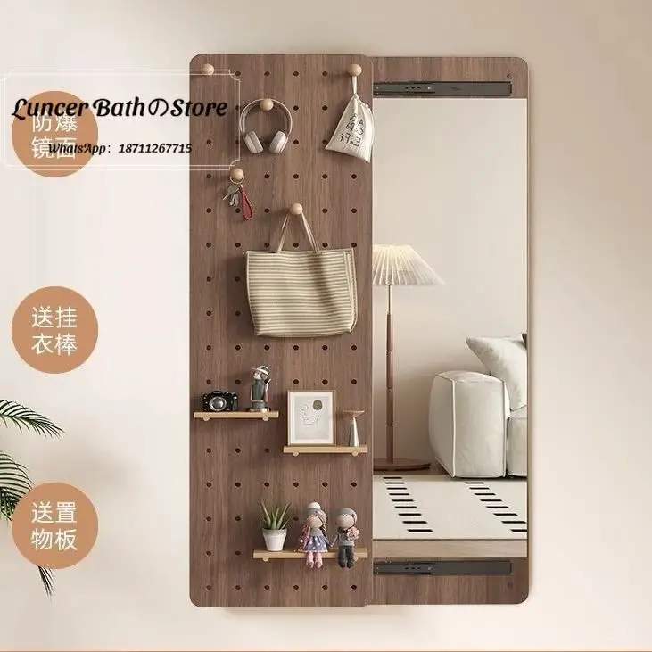 Hidden Sliding Full Length Mirror, Ins Style Retractable Wall Mounted Dressing Mirror with Pegboard for Entryway, Home