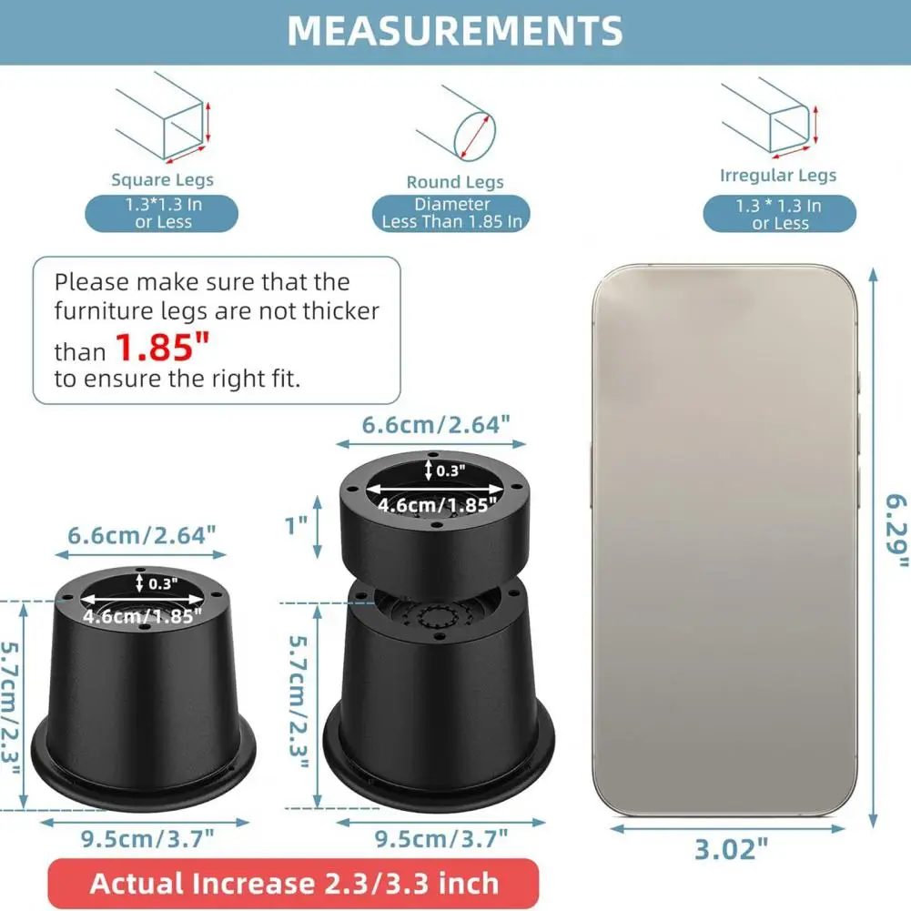 Bed Frame Height Adjusters Adjustable Round Bed Risers for Furniture Legs Non-slip Design 3300 Lbs Capacity Chair Table Desk