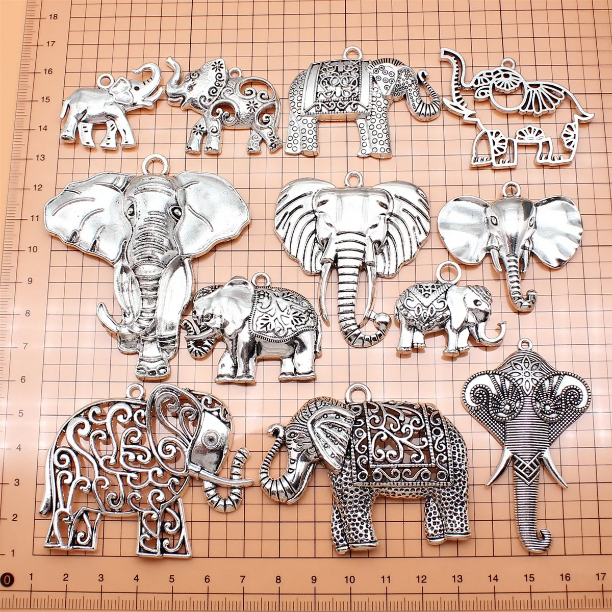 12pcs Antique Silver Color Big Elephant Pendant Charms Collection For DIY Jewelry Making, 12 Styles, 1 of Each