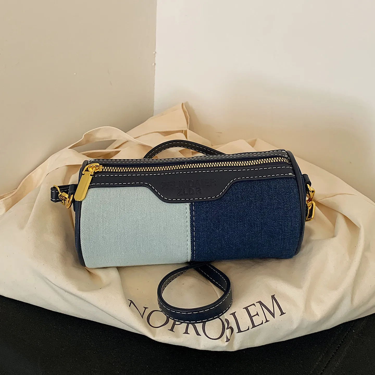 Retro Contrast Color Denim Cylinder Bag Splicing Design Daily Single Shoulder Crossbody Bags Women Commuter Small Handbags