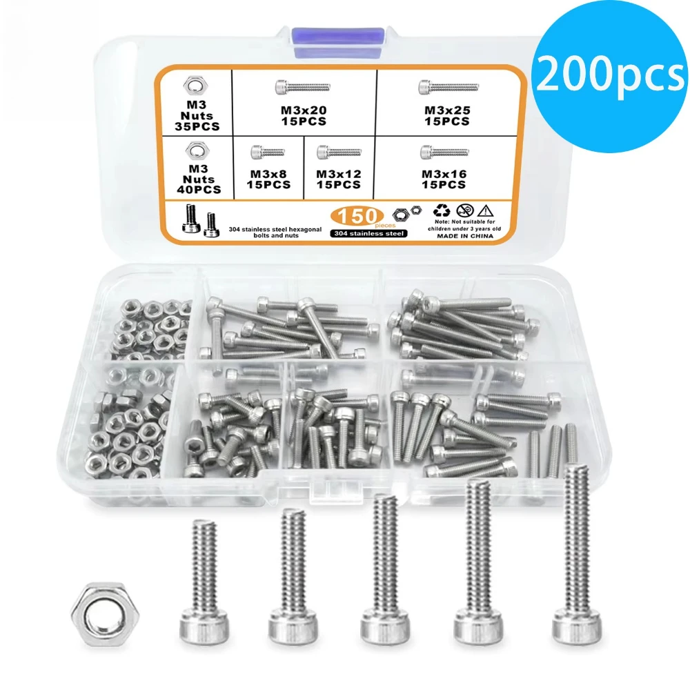 150pcs 304 Stainless Steel Cylindrical Head Hexagon Socket Bolts Nuts M3 Screws and Nuts Countersunk Screw Nut & Bolt Sets