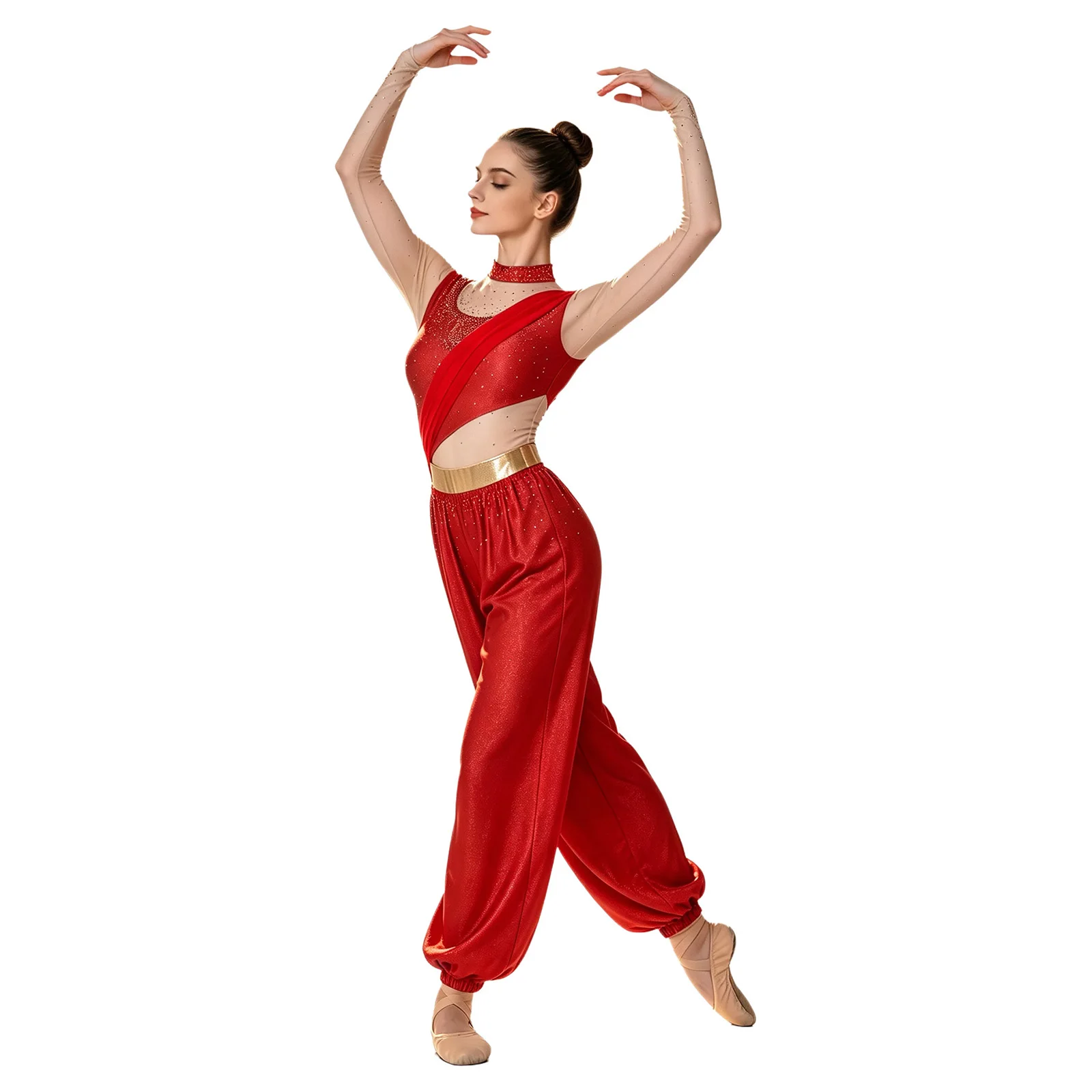 Bauchtanz-Outfit für Damen mit Strasssteinen, Märchenprinzessin-Kostüm, Transparenter Mesh-Jumpsuit mit Langen Ärmeln und Metallischer Taillenlinie – Detail 6