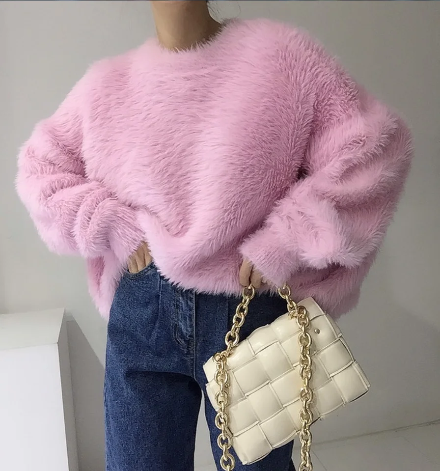 

Soft Pink Mohair Knitted Loose Pullover Oversized Autumn Winter Women O Neck Lantern Sleeve Thicked Warm France Sweaters Jumper