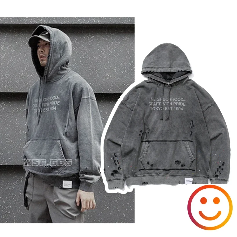 

Hole Damage NEIGHBORHOOD NBHD Hooded Hoodie Men Women 1:1 High Quality Heavy Fabric Vintage Washed Splashing Ink Sweatshirts