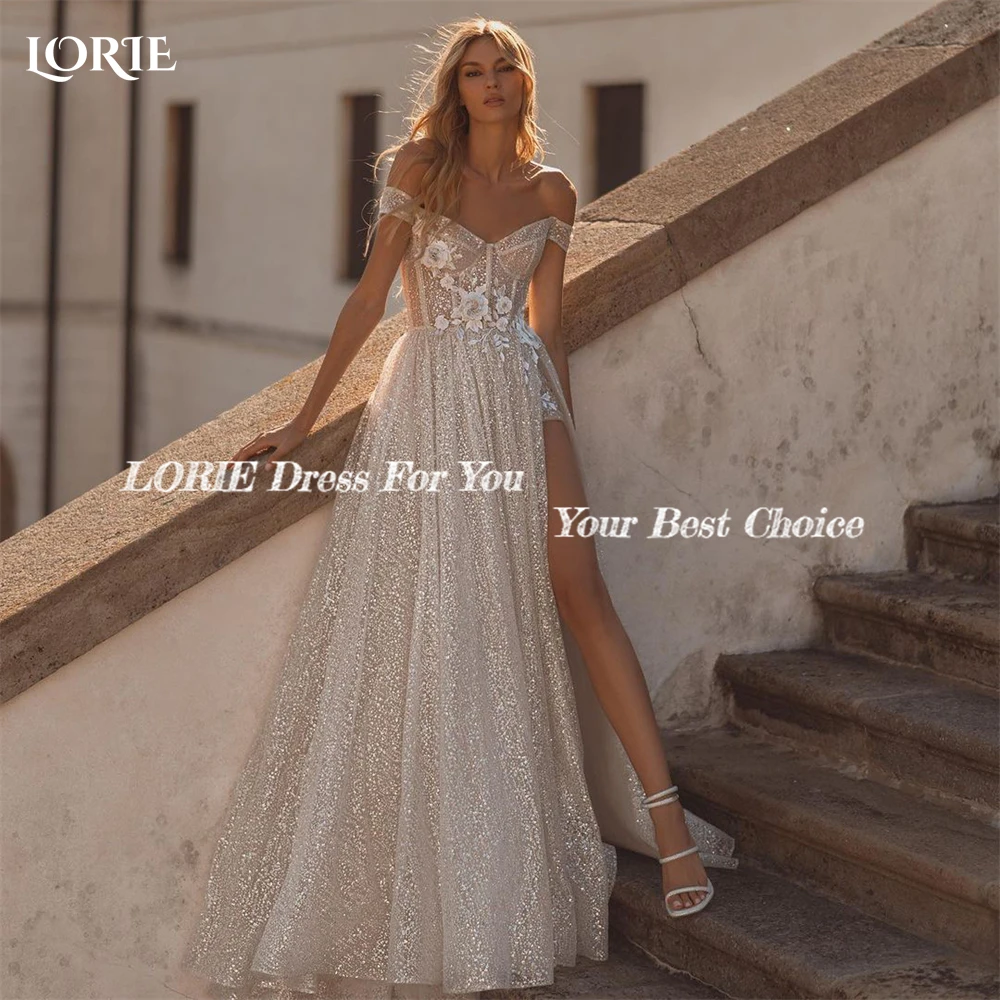 LORIE Boho Glitter Lace Wedding Dresses Off Shoulder A-Line Sexy High Slit Bridal Gowns Sparkly Backless Bride Dress Customized