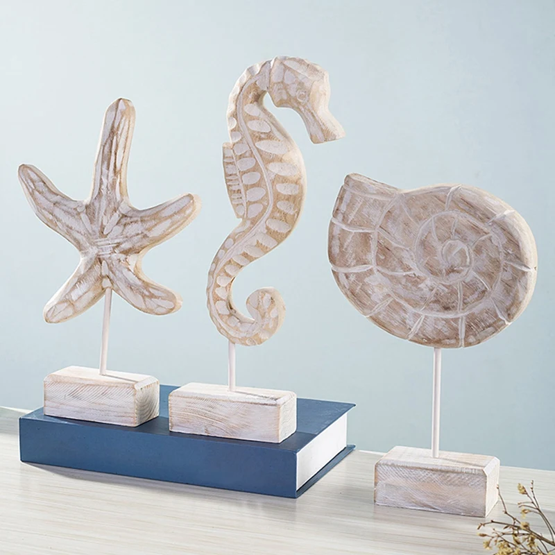 3PCS Mediterranean Style Starfish Conch Hippocampus Wood Carving Marine Decor Wood Crafts Home Decoration Decoracion