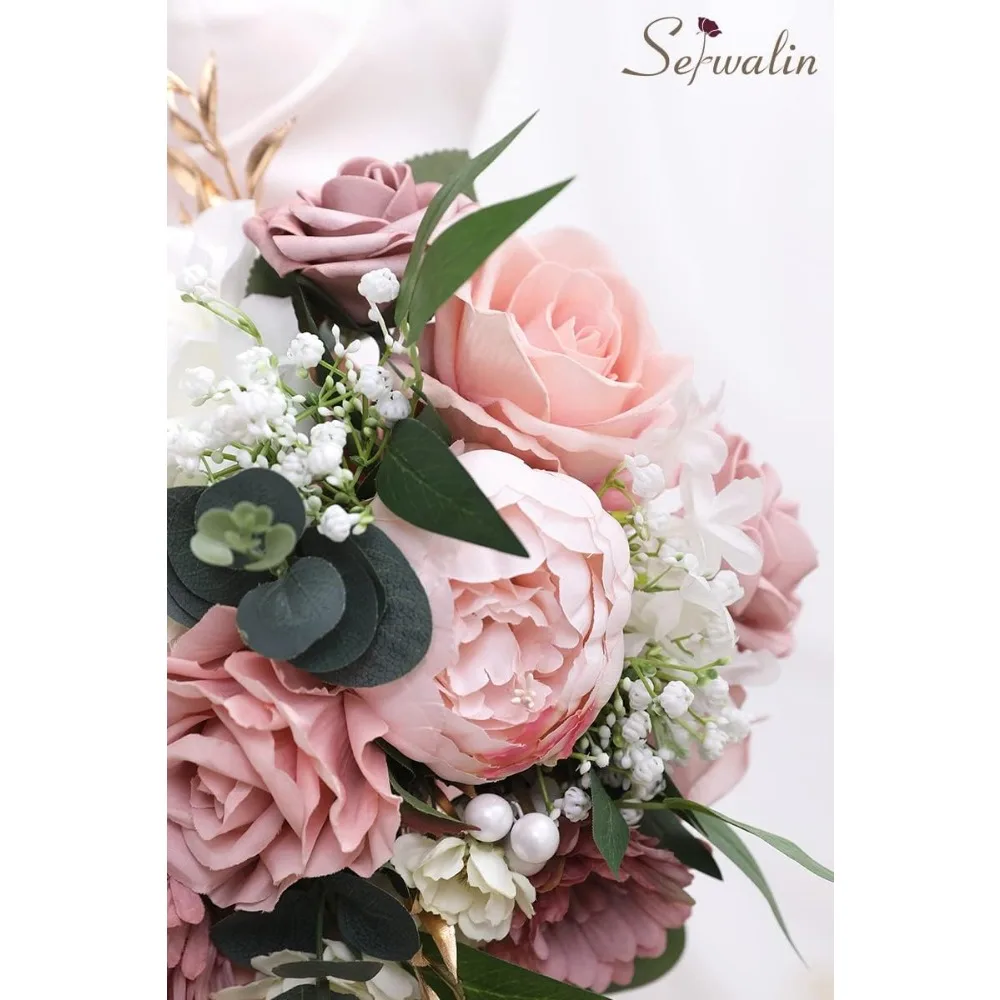 Bouquet da sposa da 9,8 pollici per la damigella d'onore della sposa, bouquet da sposa con peonie rosa polveroso per la sposa, bouquet di fiori nuziali che lancia B