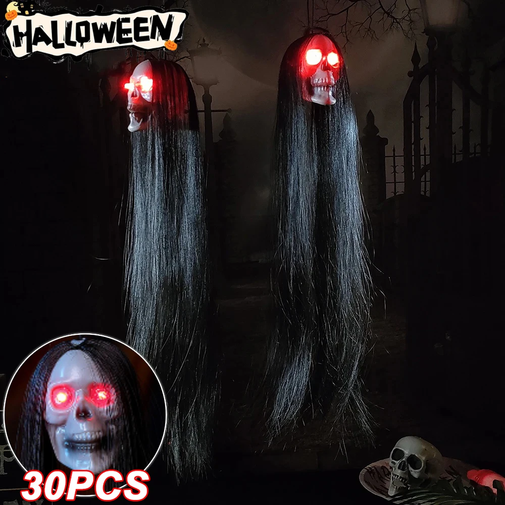 30PCS New Halloween Hanging Long Hair Ghost Skeleton LED Light-emitting Horror Skeleton Ghost Bar Haunted House Decoration Props