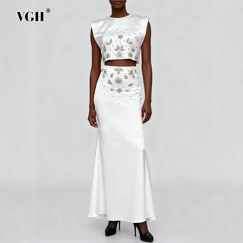 

VGH Solid Solid Temperament Two Piece Sets For Women Round Neck Sleeveless Top High Waist Long Skirt Elegant Set Female Fashion