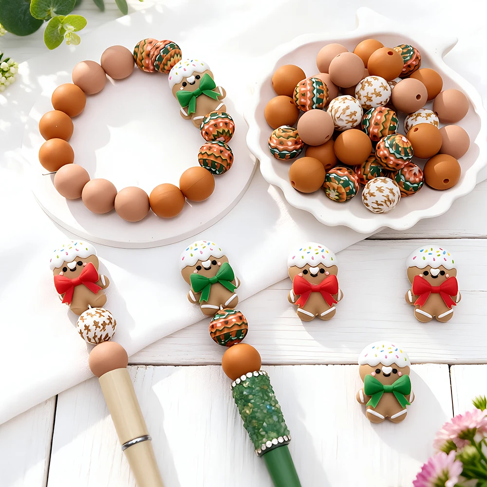 32-teiliges Set mit Weihnachts-Lebkuchenmann-Silikonperlen zum Selbermachen von Perlenketten, Armbändern, Stiften, Schmuckanhängern usw. Geburtstagsgeschenk für die Feiertage – Detail 5