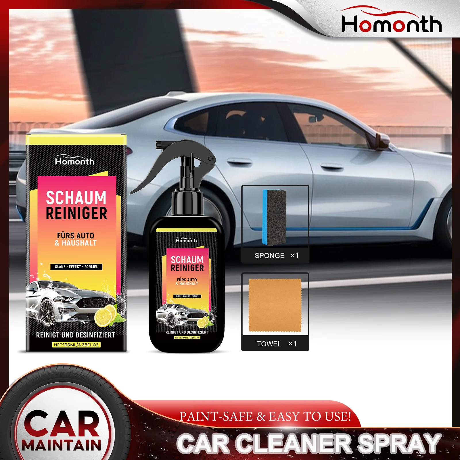 Car Cleaning Spray Waterless Wash Wax Dust Grime Remover Streak Free Shine Paint Safe Formula Quick Detailer with Sponge 100ML
