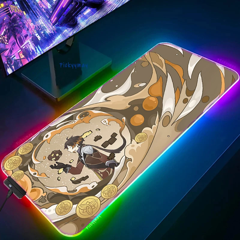 RGB Gaming Mousepad Genshin Impact Mouse Mats LED Large Gamer Mousepads XXL tastiere tappetino da scrivania retroilluminato tappetino per Mouse Raiden