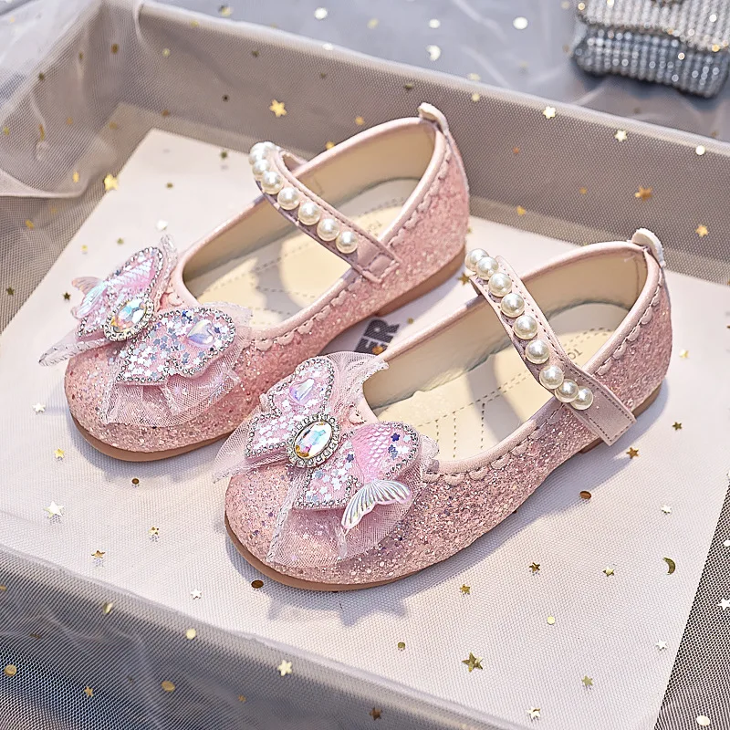 2024 Girls Princess Leather Shoes Elegant Luxury Children\'s Flats Fashion Rhinestone Pearl Kids Ballet Wedding Mary Jane Shoes