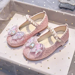 2024 Girls Princess Leather Shoes Elegant Luxury Children's Flats Fashion Rhinestone Pearl Kids Ballet Wedding Mary Jane Shoes