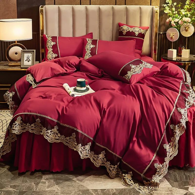 4‑Pcs Luxury Lace Satin Bedding Set, Double‑Sided Washable Silk Duvet Cover Set, Wrinkle‑Resistant Soft Bed Sheet with Bed Skirt