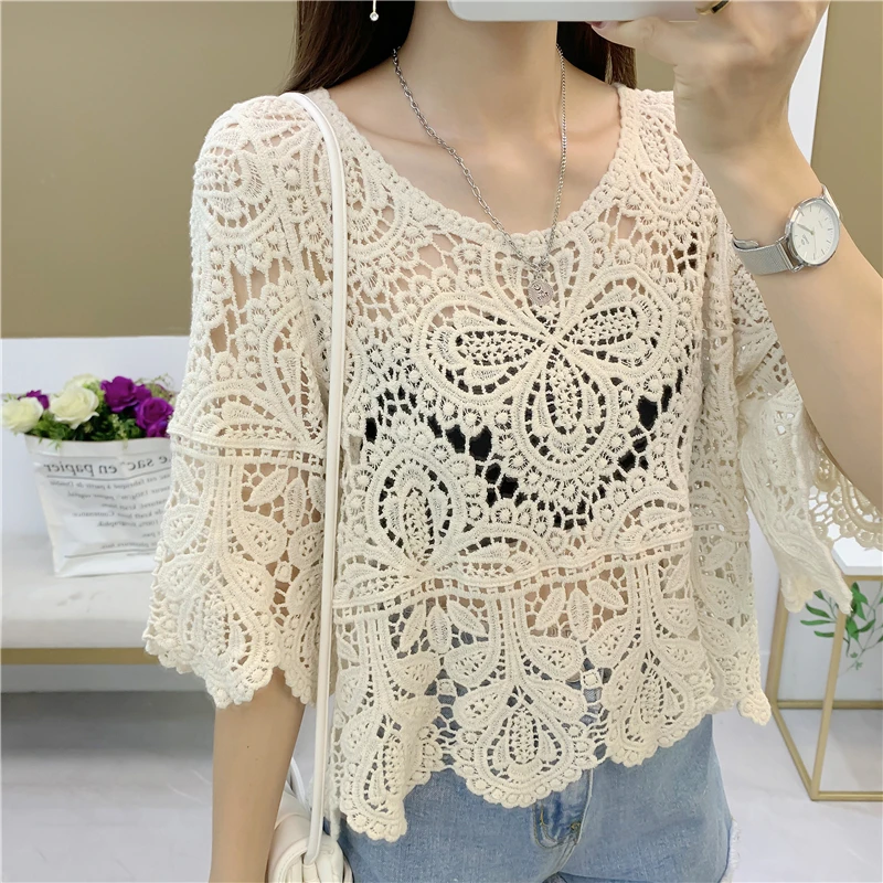 Floral Paisley Crochet Tops Women Smei Sheer Hollow Out Lace Blouse Women Bohemian Style Summer Beach Cover-ups