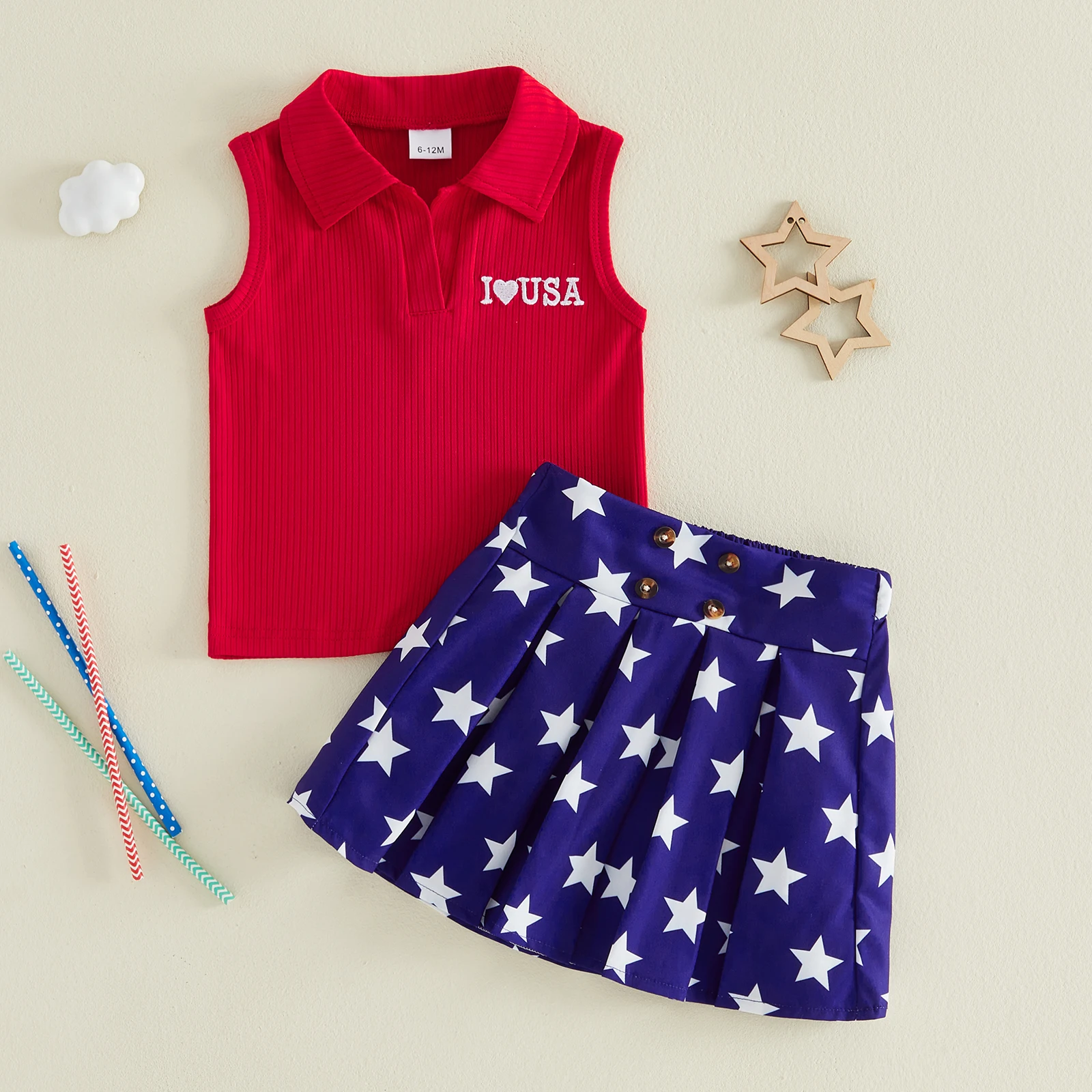 1-4Y Girl Independence Day Outfit Sleeveless Lapel Tank Tops Star/Heart Print A-line Skirt Set 4th of July Clothes