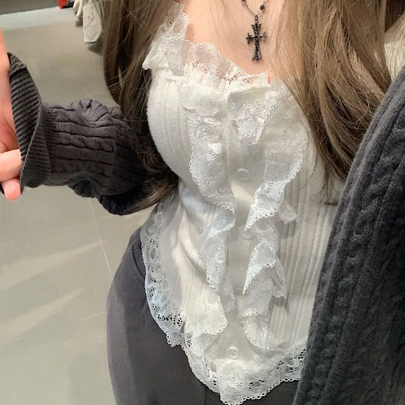 Lace Tanks Camis for Women Summer Outwear Chic Girls Solid Ruffles Design Sweet Clothing All-match Soft Breathable Fit New Slim