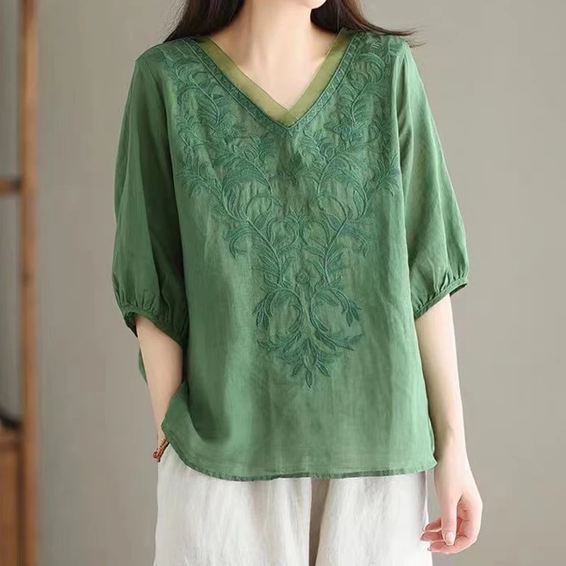 Summer V Neck Embroidery Office All-match Thin Shirt Tops Solid Half Sleeve Loose Vintage Blouse Casual Fashion Women Clothing