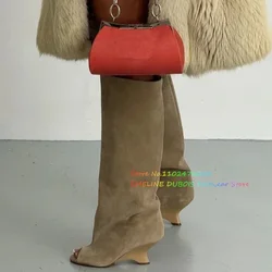 Fish Mouth Strange Heel Knee High Boot for Women Beige Suede High Heel Slip On Comfort Banquet Party Dress 2024 Winter Boot